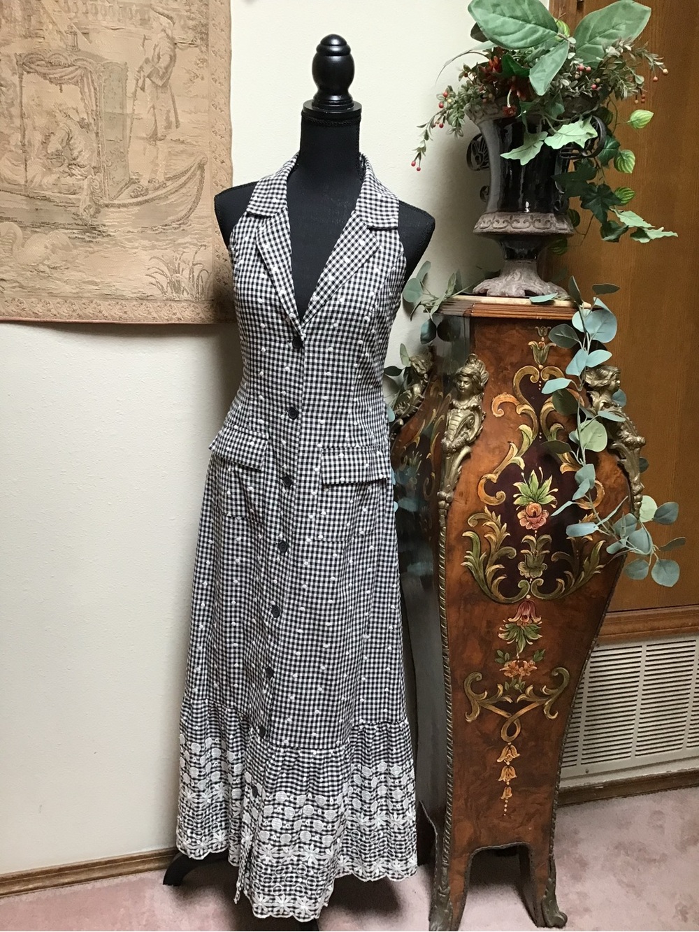 Sleeveless Gingham Halter Maxi Dress in Black and White